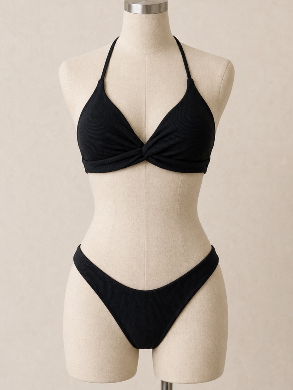 • BERLOOK Black Ribbed 2 Piece Bikini Set Twist Front High Leg NWT M E230